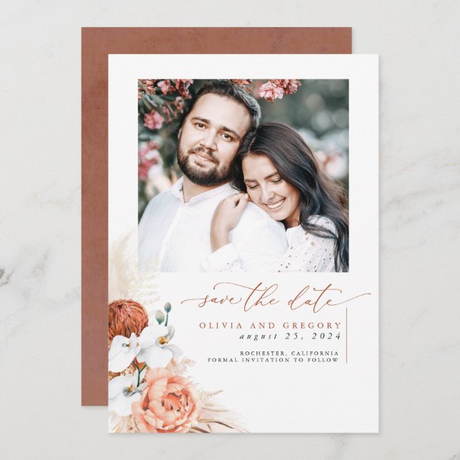 Terracotta Pampas Grass Save The Date Photo (Front/Back)