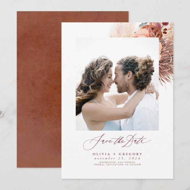 Terracotta Pampas Grass Save The Date Photo (Front/Back)