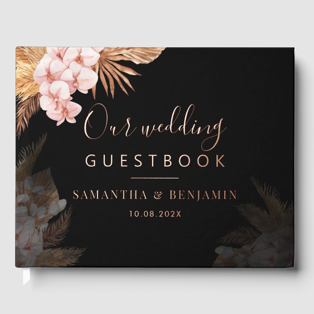 Terracotta Pampas Grass Script Wedding Rose Gold Foil Guest Book (Front)