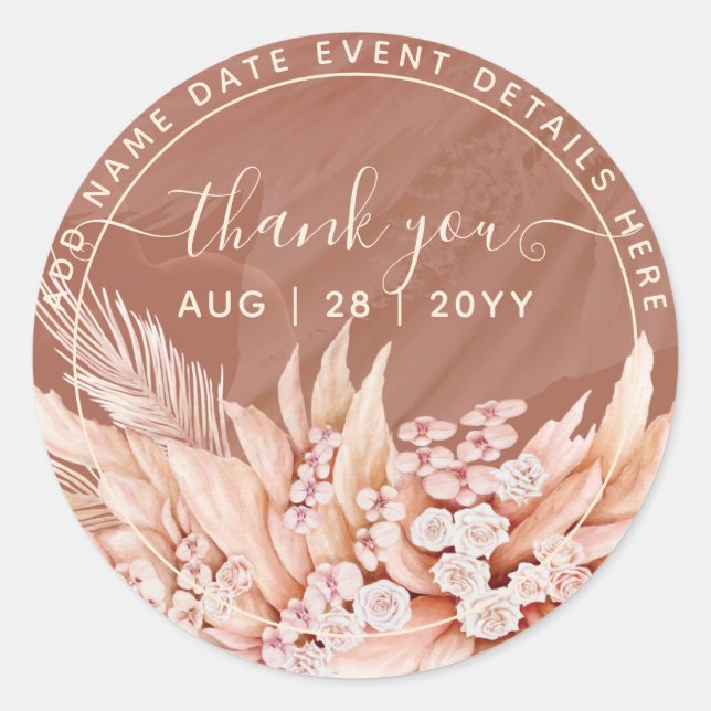 Terracotta Pampas Grass Thank You Favor Classic Round Sticker (Front)