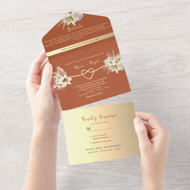 Terracotta Pampas Grass Wedding All In One Invitation (Tearaway)