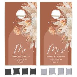 Terracotta pampas modern botanical wedding mr mrs cornhole set