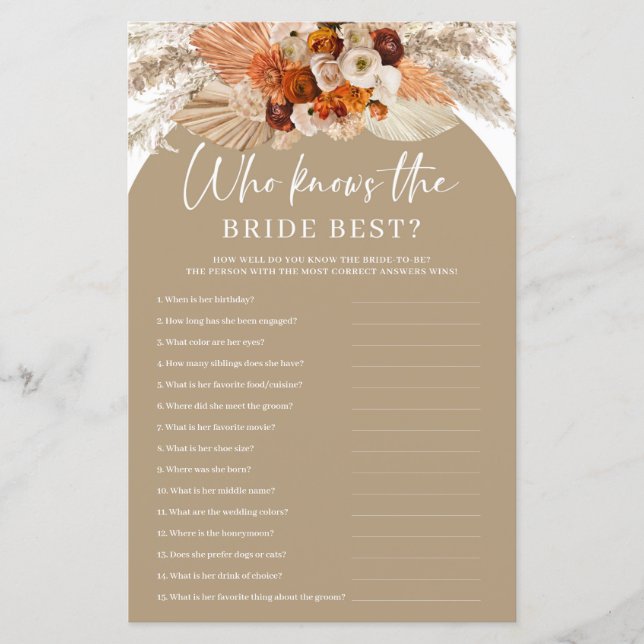 Terracotta pampas who knows the bride best game (Front)