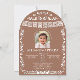 Terracotta Papel Picado Baptism Boy Arch Photo Invitation