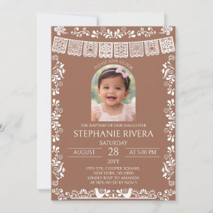 Terracotta Papel Picado Baptism Girl Photo Invitation