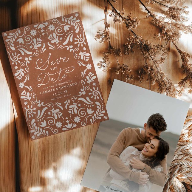 Terracotta Papel Picado Photo Save the Date (Save the Date Terracotta Papel Picado Card)