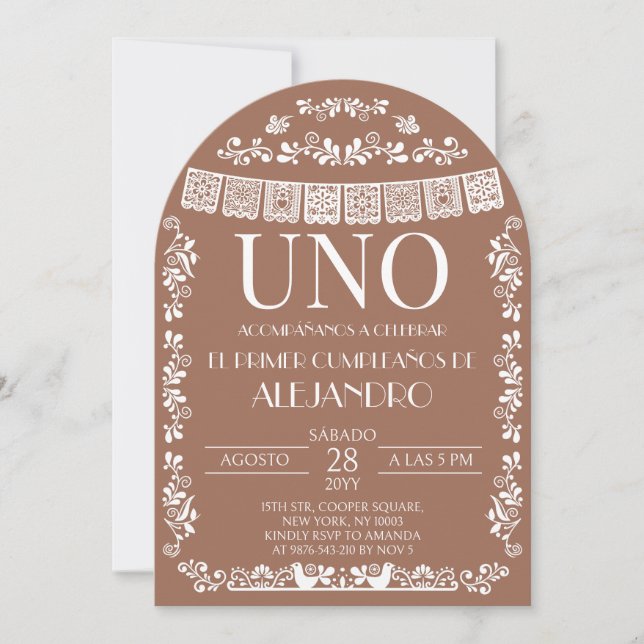 Terracotta Papel Picado UNO First Boy Arch Invitation (Front)