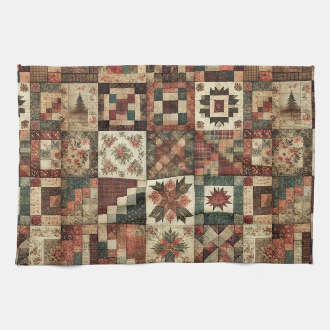 Terracotta Patchwork and Quilt Rustic Floral  Kitchen Towel (Horizontal)
