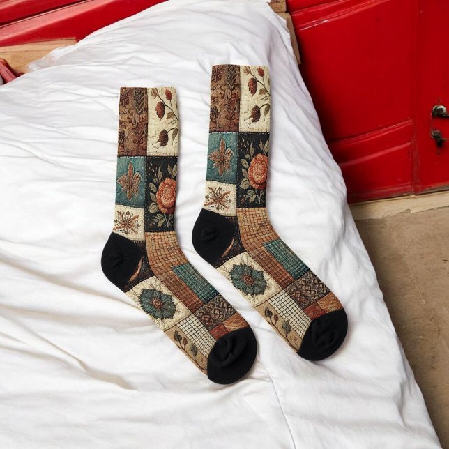Terracotta Patchwork Quilt Pattern Retro Floral  Socks (Creator Uploaded)