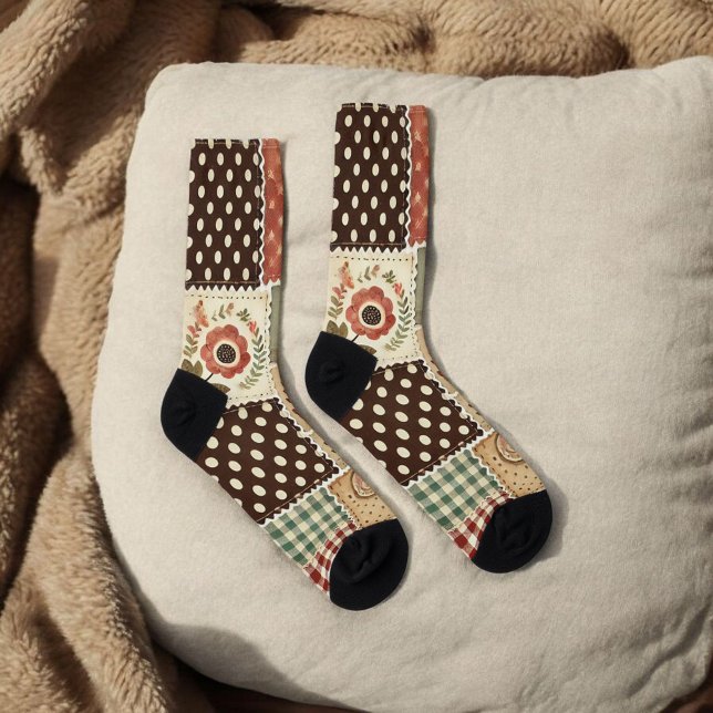 Terracotta Patchwork Quilt Pattern Retro Floral  Socks (Creator Uploaded)