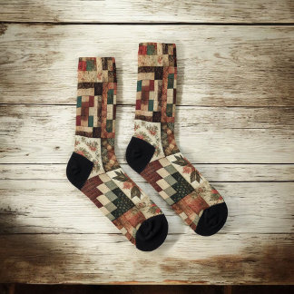 Terracotta Patchwork Quilt Pattern Retro Floral Socks
