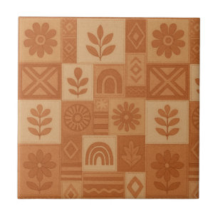 Terracotta Patchwork Quilt Rustic Farmhouse Floral Ceramic Tile