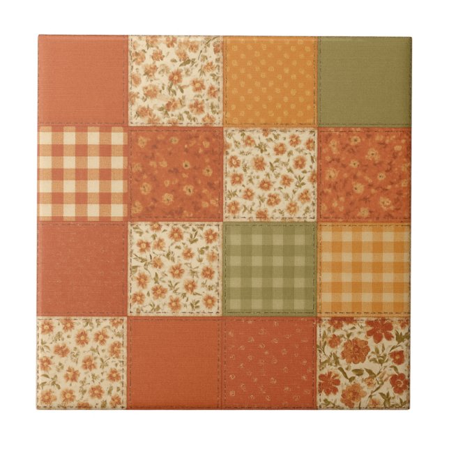 Terracotta Patchwork Quilt Rustic Farmhouse Floral Ceramic Tile (Front)