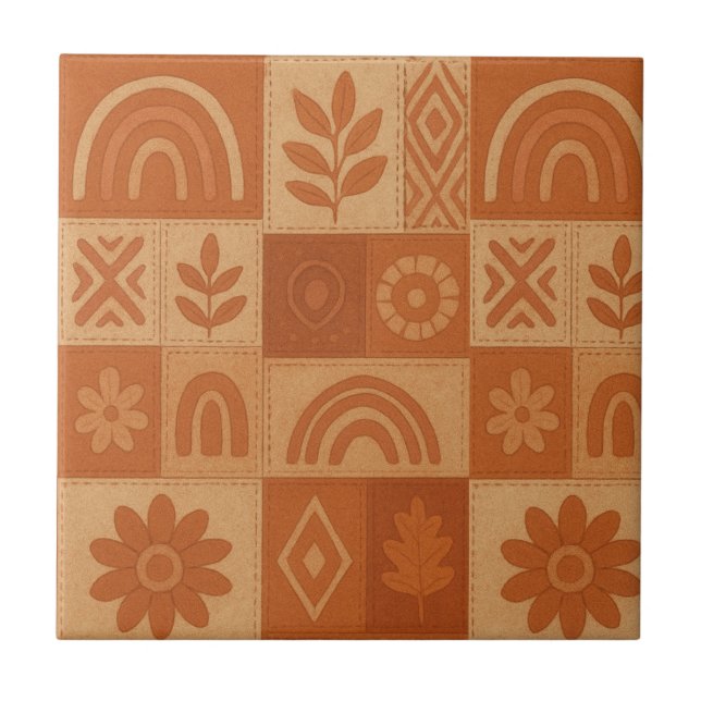 Terracotta Patchwork Quilt Rustic Farmhouse Floral Ceramic Tile (Front)