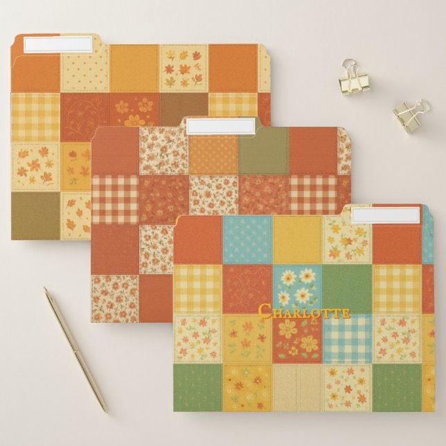 Terracotta Patchwork Quilt Rustic Farmhouse Floral File Folder (Set)