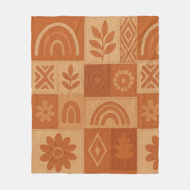 Terracotta Patchwork Quilt Rustic Farmhouse Floral Fleece Blanket (Front)