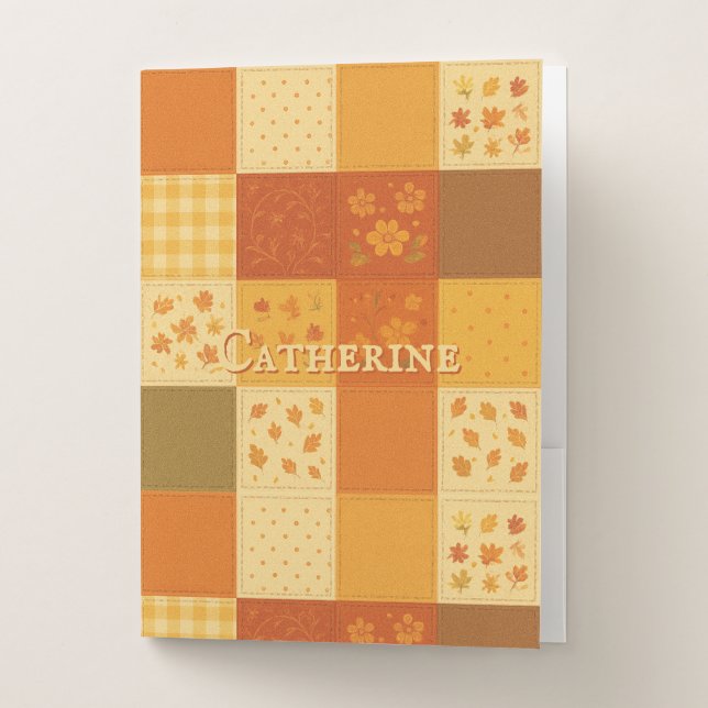 Terracotta Patchwork Quilt Rustic Farmhouse Floral Pocket Folder (Front)
