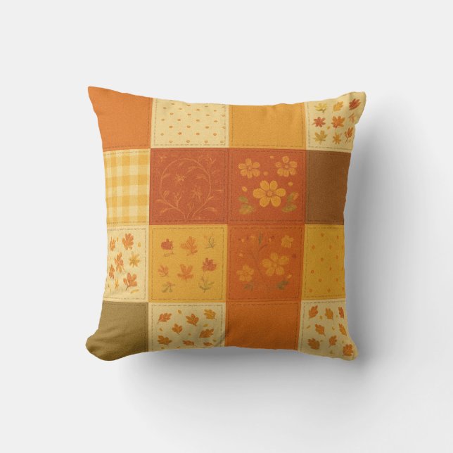 Terracotta Patchwork Quilt Rustic Farmhouse Floral Throw Pillow (Front)
