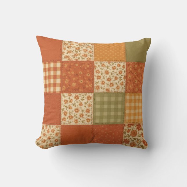 Terracotta Patchwork Quilt Rustic Farmhouse Floral Throw Pillow (Front)