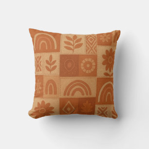 Terracotta Patchwork Quilt Rustic Farmhouse Floral Throw Pillow