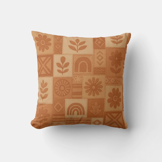 Terracotta Patchwork Quilt Rustic Farmhouse Floral Throw Pillow (Front)