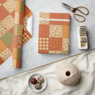 Terracotta Patchwork Quilt Rustic Farmhouse Floral Wrapping Paper