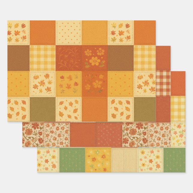 Terracotta Patchwork Quilt Rustic Farmhouse Floral Wrapping Paper Sheets (Set)