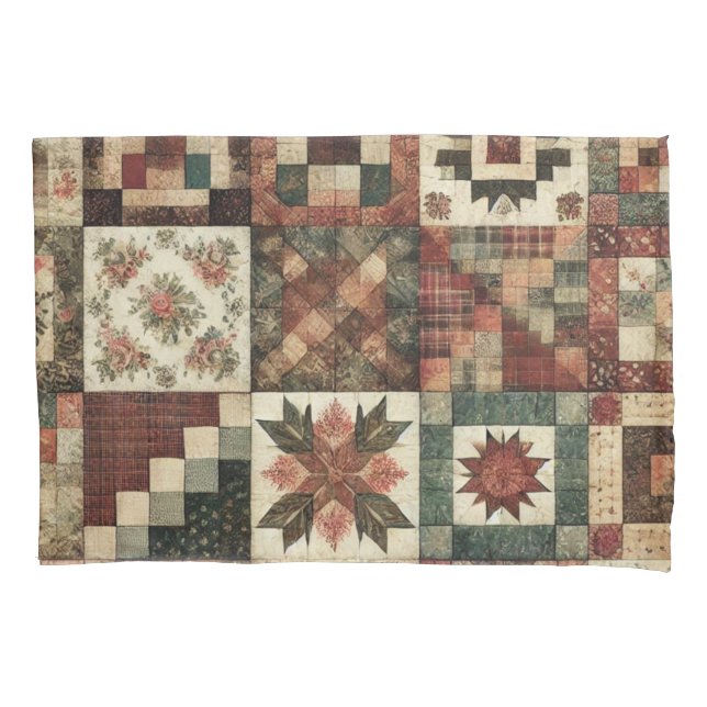 Terracotta Patchwork Quilt Rustic Farmhouse Pillow Case (Front)