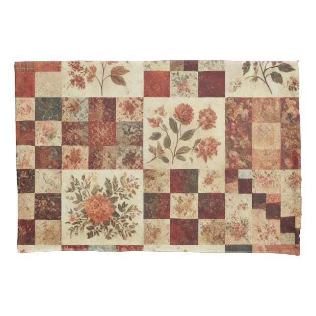Terracotta Patchwork Quilt Rustic Farmhouse Pillow Case (Front)