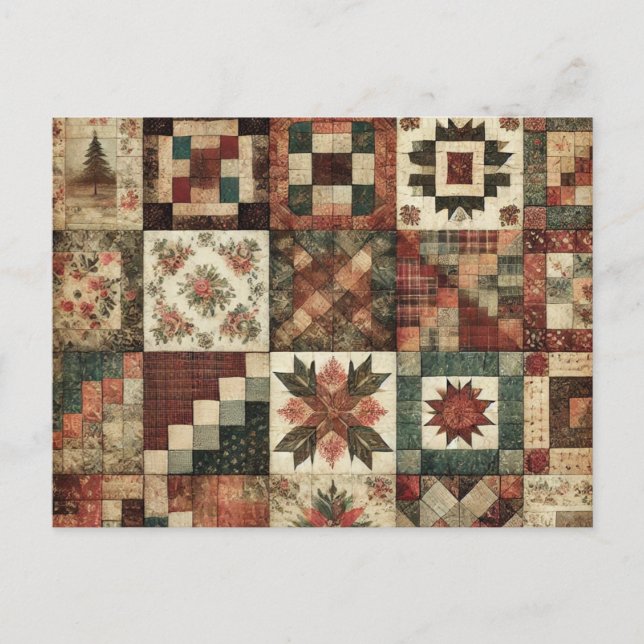 Terracotta Patchwork Quilt Rustic Floral Design Postcard (Front)