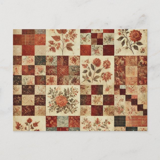 Terracotta Patchwork Quilt Rustic Floral Design Postcard (Front)