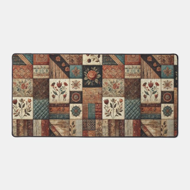 Terracotta Patchwork Quilt Rustic Floral Desk  Mat (Front)