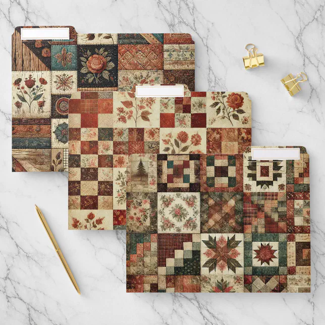 Rustic File Folder Terracotta Patchwork Quilt Rustic Floral Organizer File Folder | Zazzle