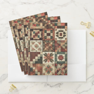 Terracotta Patchwork Quilt Rustic Floral Organizer Pocket Folder
