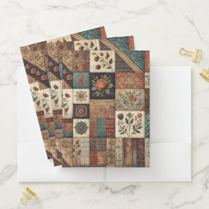Terracotta Patchwork Quilt Rustic Floral Organizer Pocket Folder