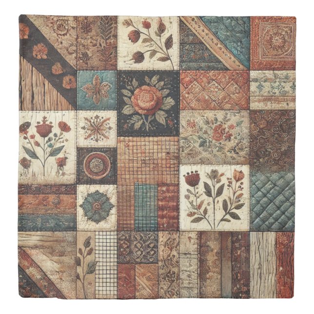 Terracotta Patchwork Quilt Rustic Retro Floral  Duvet Cover (Front)