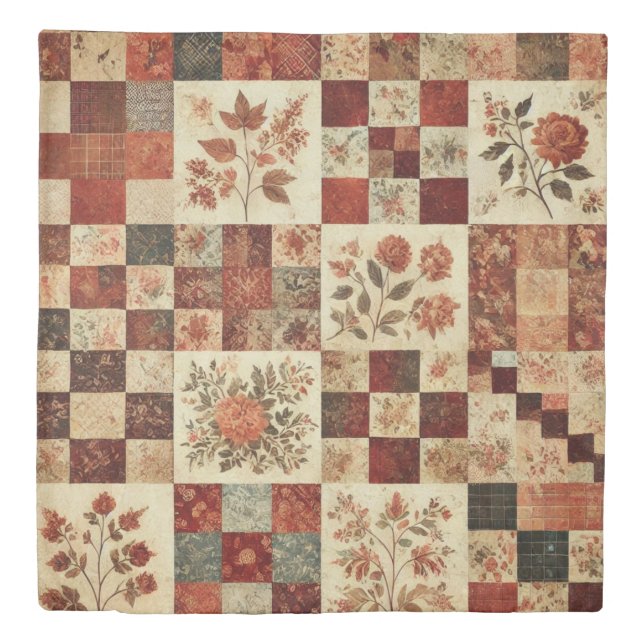 Terracotta Patchwork Quilt Rustic Retro Floral  Duvet Cover (Front)