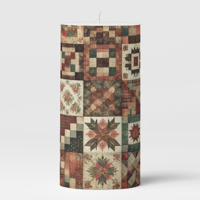 Terracotta Patchwork Quilt Rustic Retro Floral  Pillar Candle (Front)
