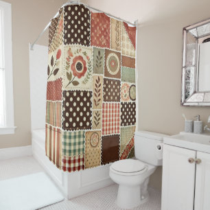 Terracotta Patchwork Quilt Rustic Retro Floral  Shower Curtain