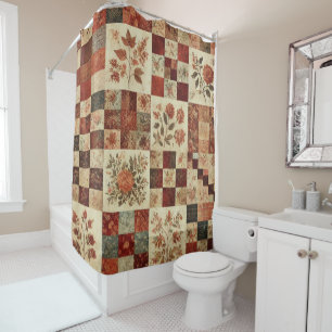 Terracotta Patchwork Quilt Rustic Retro Floral  Shower Curtain