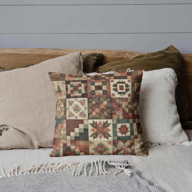 Terracotta Patchwork Quilt Rustic Retro Vintage Throw Pillow (Creator Uploaded)