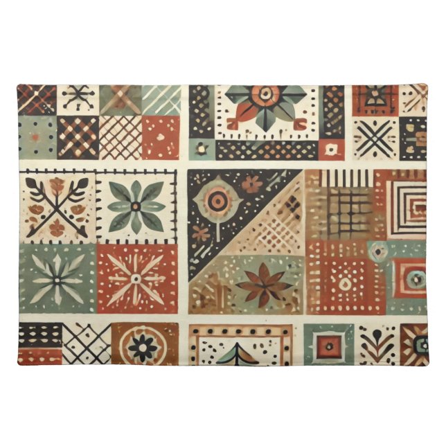 Terracotta Patchwork Quilt Rustic Vintage Floral  Cloth Placemat (Front)