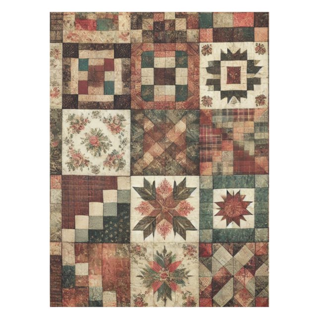 Terracotta Patchwork Quilt Rustic Vintage Floral  Tablecloth (Front)