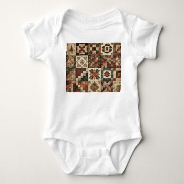 Terracotta Patchwork Rustic Retro Floral Design  Baby Bodysuit (Front)