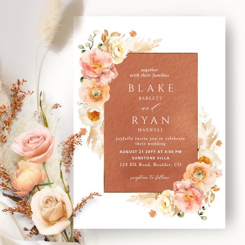 Terracotta Peach Blush Cream Floral Chic Wedding Invitation