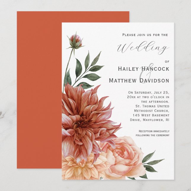 Terracotta, Peach, Blush Floral Wedding Invitation (Front/Back)