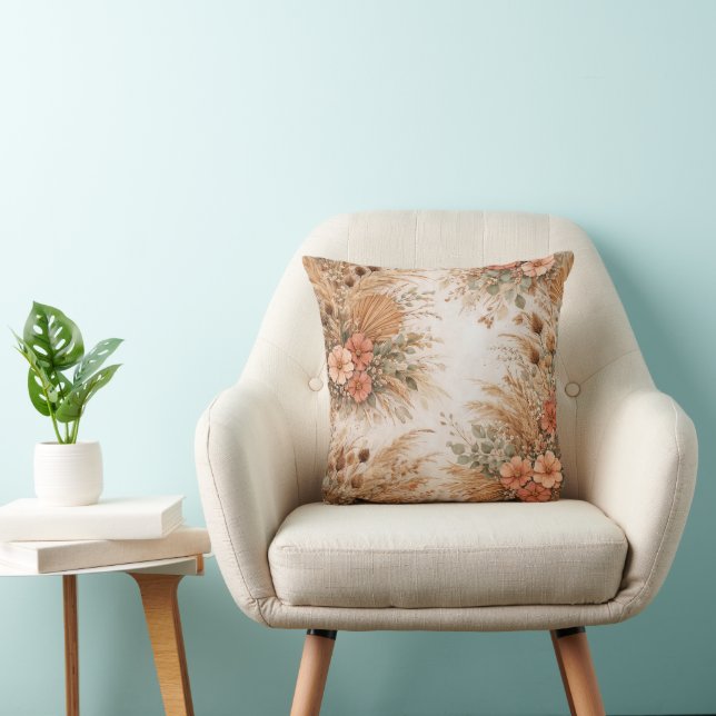 Terracotta Peach Boho Pampas Floral Throw Pillow (Chair)