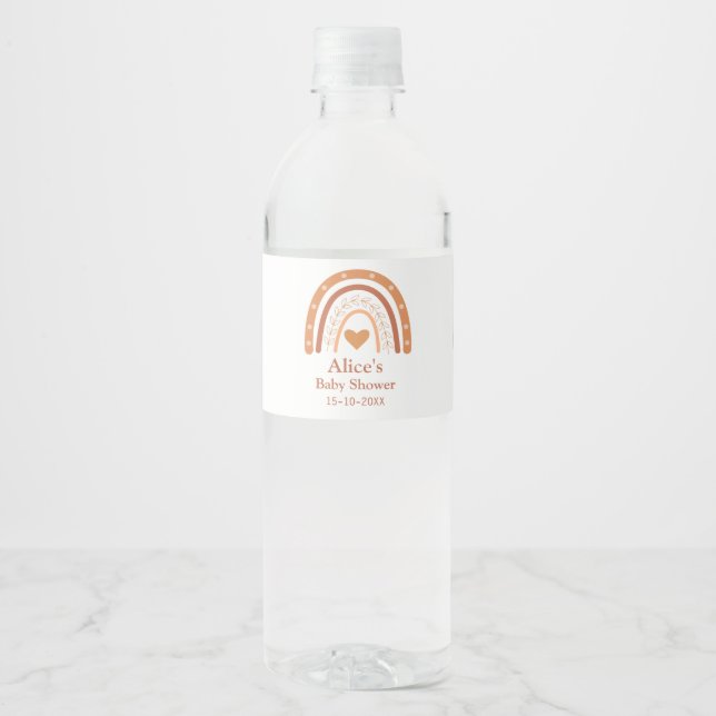 Terracotta peach  boho rainbow Baby Shower  Water Bottle Label (Front)