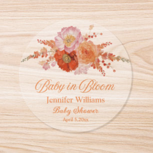 Terracotta Peach Floral Baby Shower transparent Classic Round Sticker