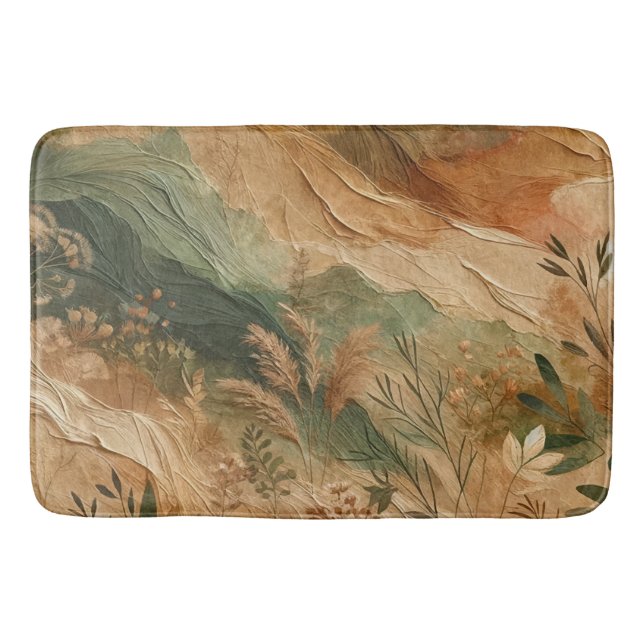 Terracotta Peach Pressed Flowers Bohemian  Bath Mat (Front)